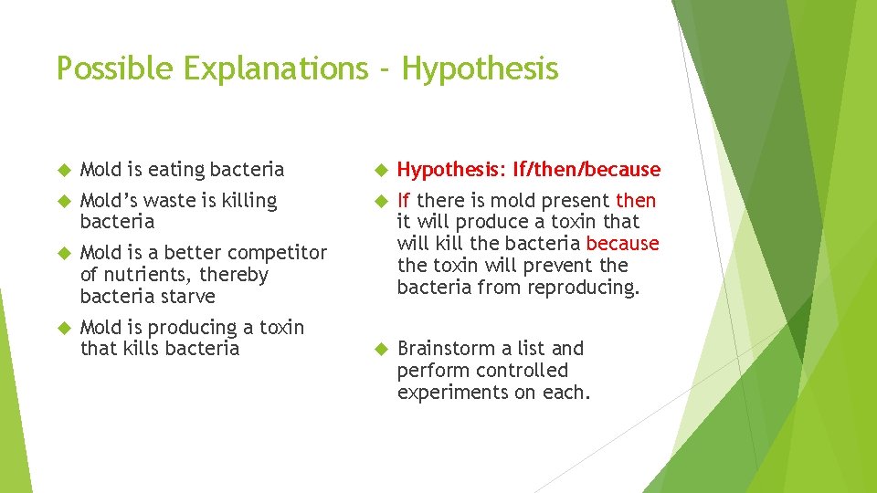 Possible Explanations - Hypothesis Mold is eating bacteria Hypothesis: If/then/because Mold’s waste is killing