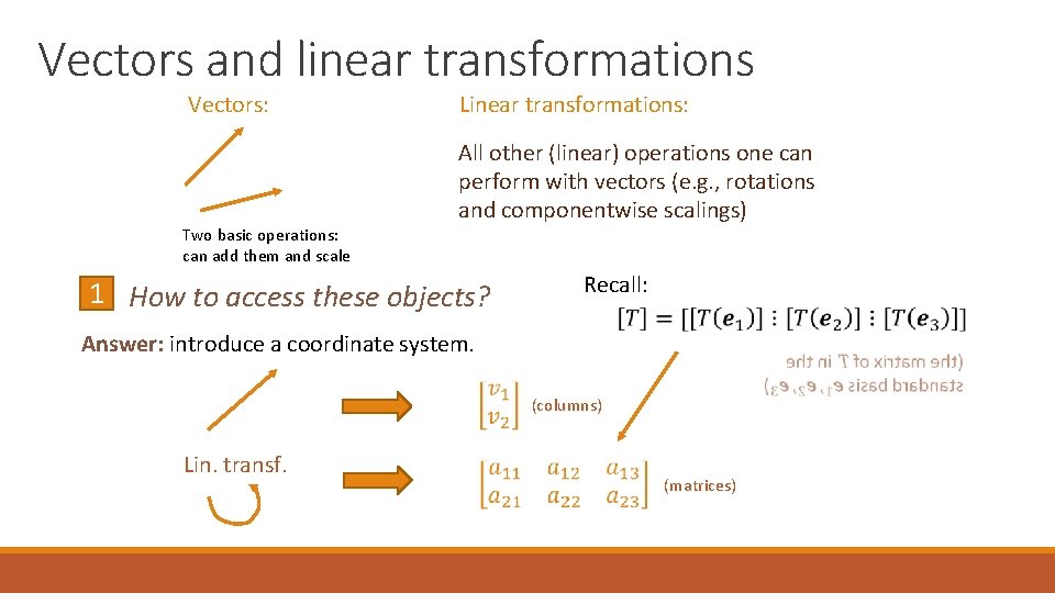 Vectors and linear transformations Vectors: Two basic operations: can add them and scale Linear
