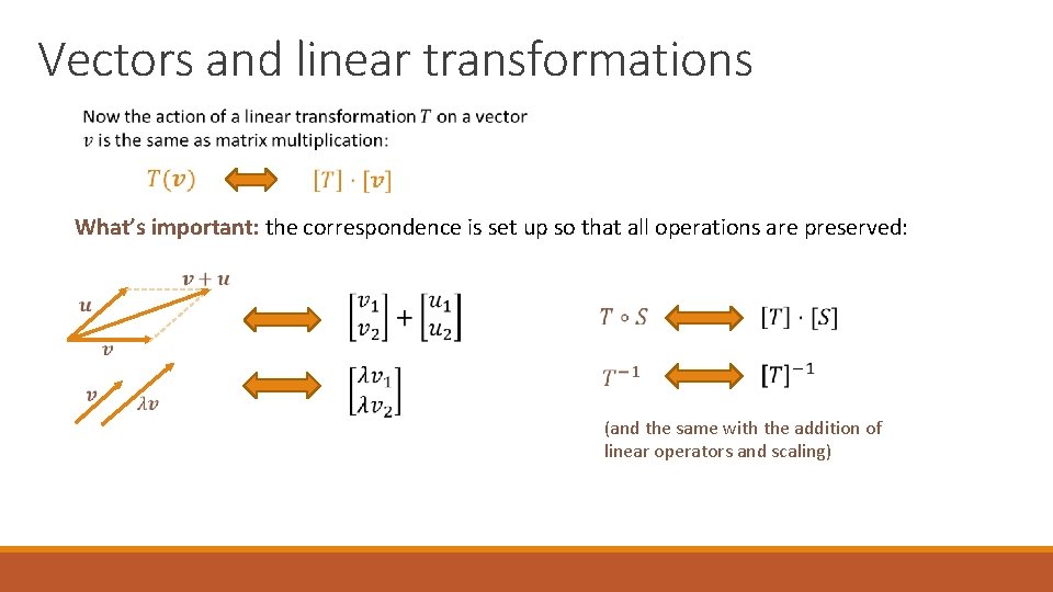 Vectors and linear transformations What’s important: the correspondence is set up so that all