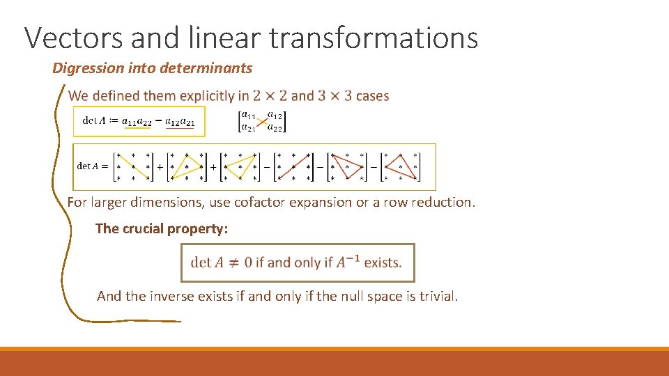 Vectors and linear transformations Digression into determinants For larger dimensions, use cofactor expansion or
