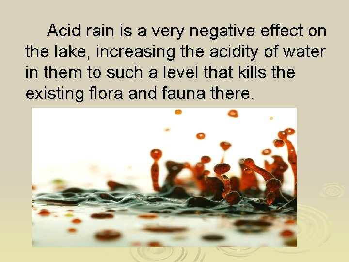 Acid rain is a very negative effect on the lake, increasing the acidity of