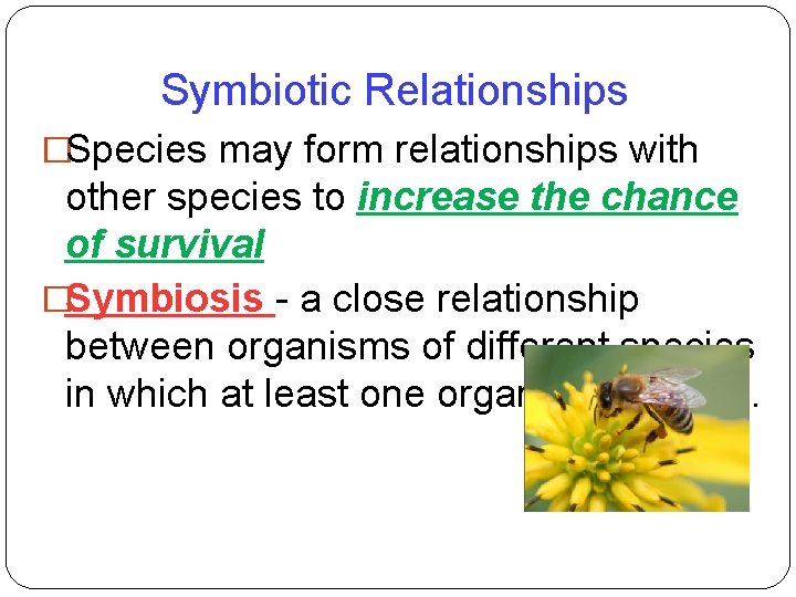 Symbiotic Relationships �Species may form relationships with other species to increase the chance of