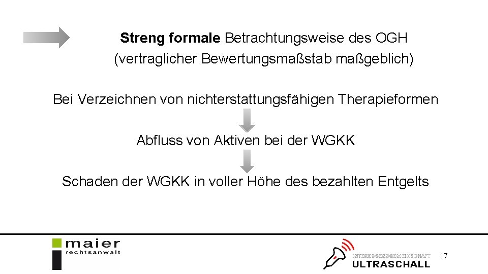 Streng formale Betrachtungsweise des OGH (vertraglicher Bewertungsmaßstab maßgeblich) Bei Verzeichnen von nichterstattungsfähigen Therapieformen Abfluss