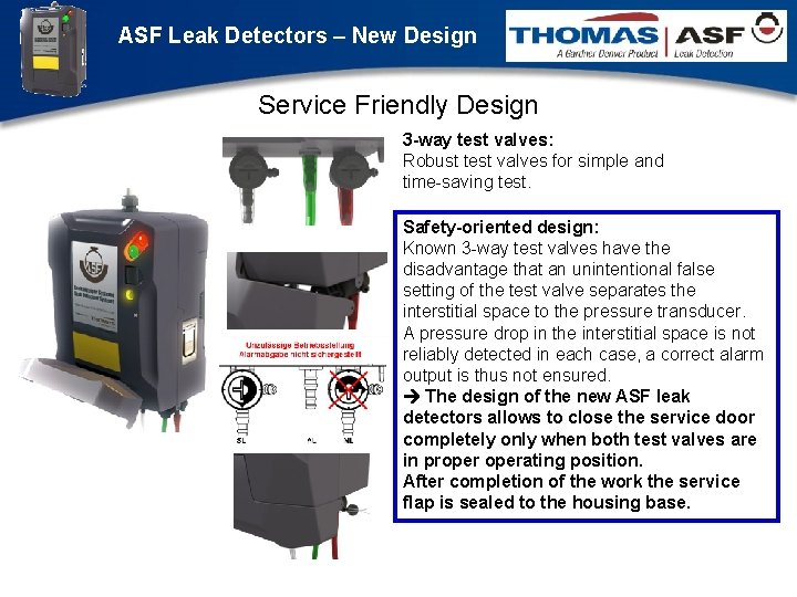 ASF Leak Detectors – New Design Service Friendly Design 3 -way test valves: Robust