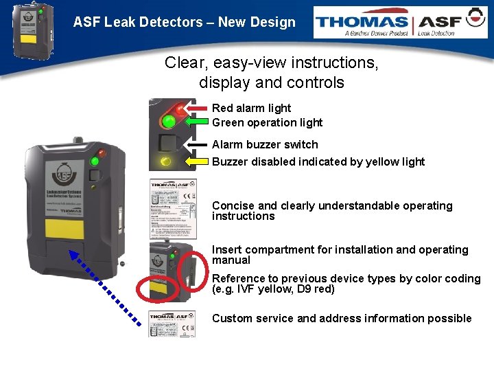 ASF Leak Detectors – New Design Clear, easy-view instructions, display and controls Red alarm