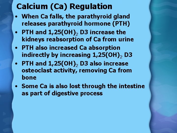 Calcium (Ca) Regulation • When Ca falls, the parathyroid gland releases parathyroid hormone (PTH)