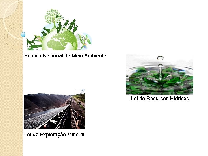 Política Nacional de Meio Ambiente Lei de Recursos Hídricos Lei de Exploração Mineral 