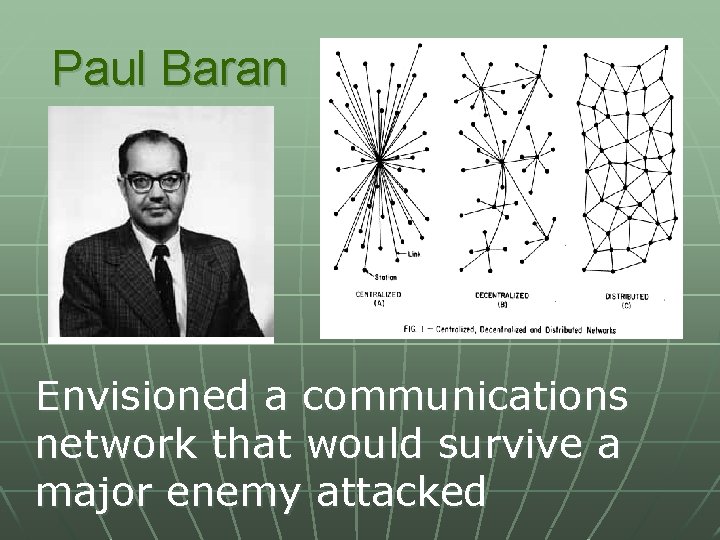Paul Baran Envisioned a communications network that would survive a major enemy attacked 