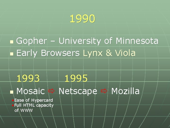 1990 Gopher – University of Minnesota n Early Browsers Lynx & Viola n 1993