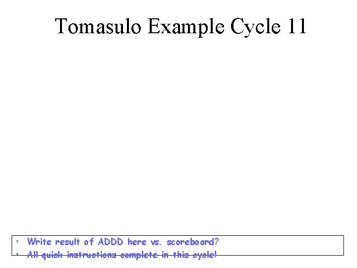 Tomasulo Example Cycle 11 • Write result of ADDD here vs. scoreboard? • All