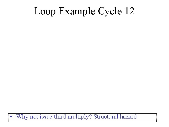 Loop Example Cycle 12 • Why not issue third multiply? Structural hazard 