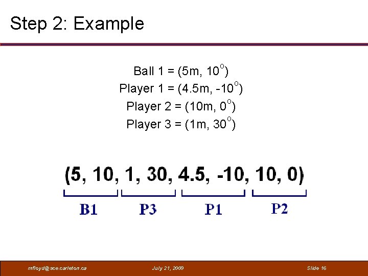 Step 2: Example o Ball 1 = (5 m, 10 ) o Player 1