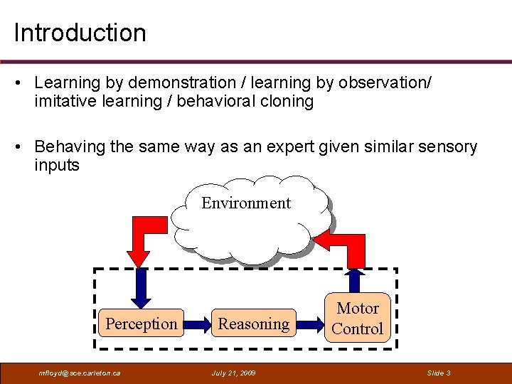Introduction • Learning by demonstration / learning by observation/ imitative learning / behavioral cloning