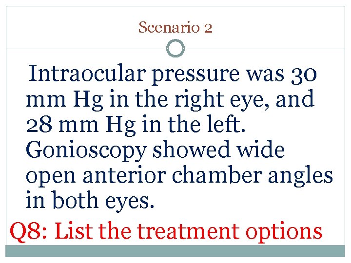 Scenario 2 Intraocular pressure was 30 mm Hg in the right eye, and 28