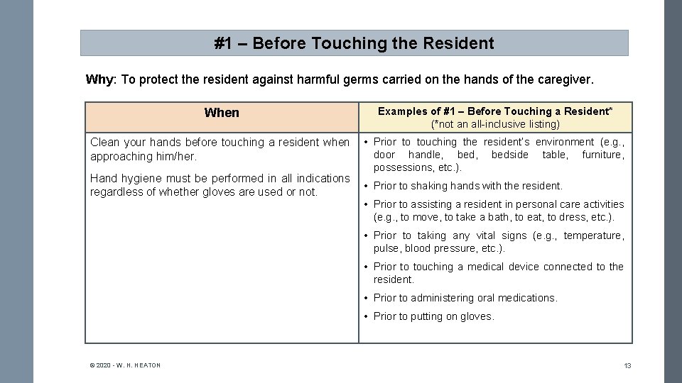 #1 – Before Touching the Resident Why: To protect the resident against harmful germs