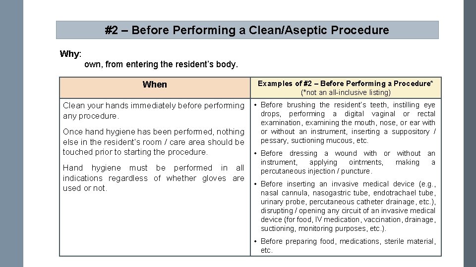 #2 – Before Performing a Clean/Aseptic Procedure Why: own, from entering the resident’s body.