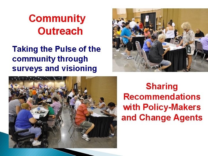 Community Outreach Taking the Pulse of the community through surveys and visioning Sharing Recommendations