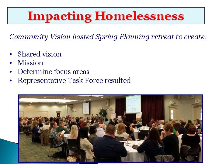 Impacting Homelessness Community Vision hosted Spring Planning retreat to create: • • Shared vision
