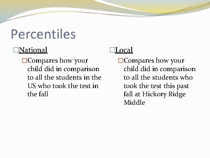 Percentiles �National �Compares how your child did in comparison to all the students in