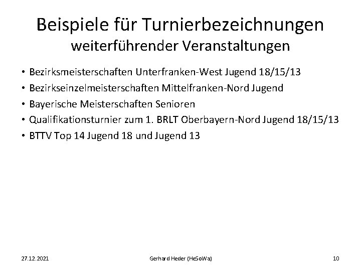 Beispiele für Turnierbezeichnungen weiterführender Veranstaltungen • Bezirksmeisterschaften Unterfranken-West Jugend 18/15/13 • Bezirkseinzelmeisterschaften Mittelfranken-Nord Jugend