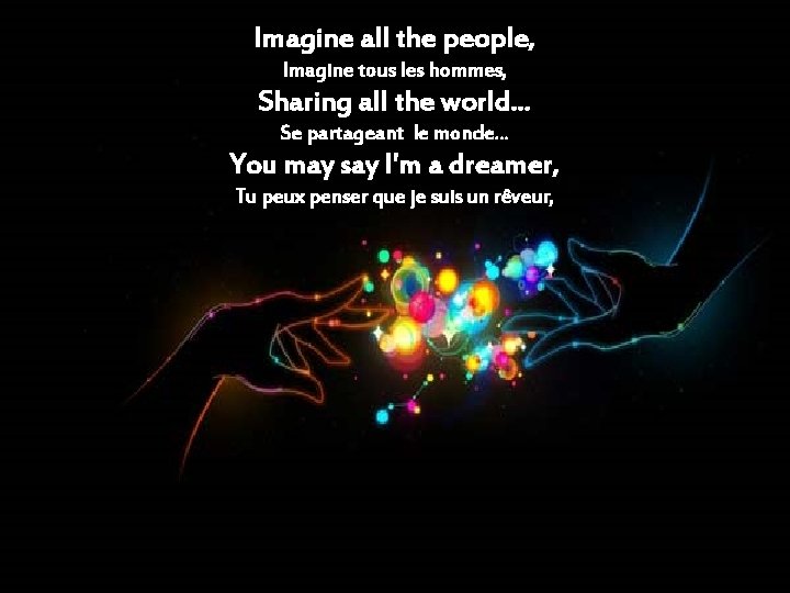 Imagine all the people, Imagine tous les hommes, Sharing all the world. . .