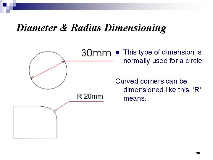 Diameter & Radius Dimensioning n This type of dimension is normally used for a