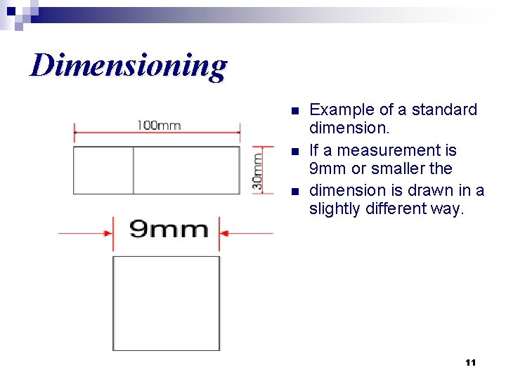 Dimensioning n n n Example of a standard dimension. If a measurement is 9