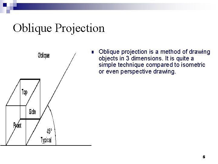 Oblique Projection n Oblique projection is a method of drawing objects in 3 dimensions.