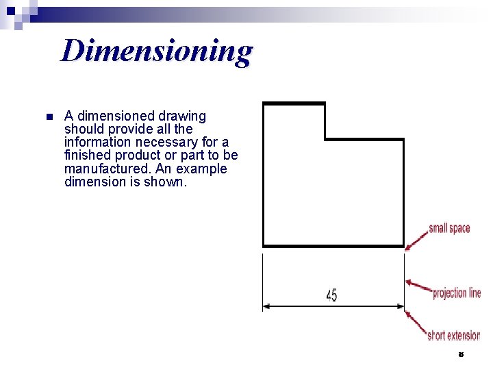 Dimensioning n A dimensioned drawing should provide all the information necessary for a finished