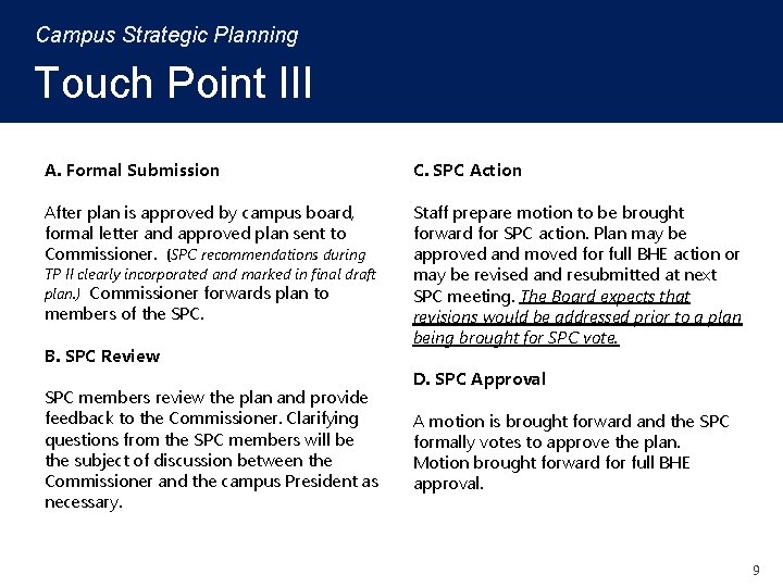 Campus Strategic Planning Touch Point III A. Formal Submission C. SPC Action After plan