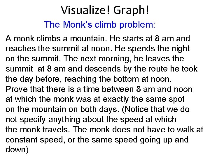 Visualize! Graph! The Monk’s climb problem: A monk climbs a mountain. He starts at