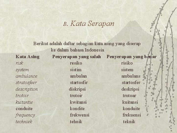 B. Kata Serapan Berikut adalah daftar sebagian kata asing yang diserap ke dalam bahasa