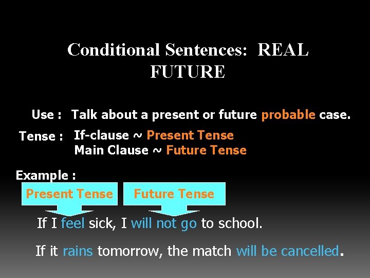 Conditional Sentences: REAL FUTURE Use : Talk about a present or future probable case.