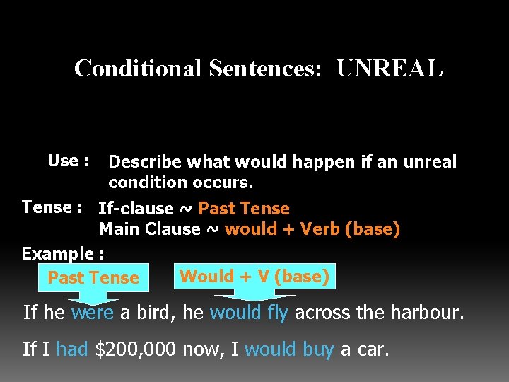 Conditional Sentences: UNREAL Use : Describe what would happen if an unreal condition occurs.