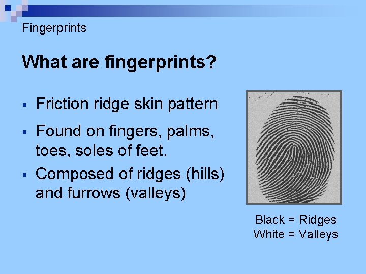 Fingerprints What are fingerprints? § Friction ridge skin pattern § Found on fingers, palms,