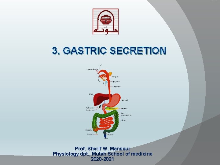 3. GASTRIC SECRETION Prof. Sherif W. Mansour Physiology dpt. , Mutah School of medicine