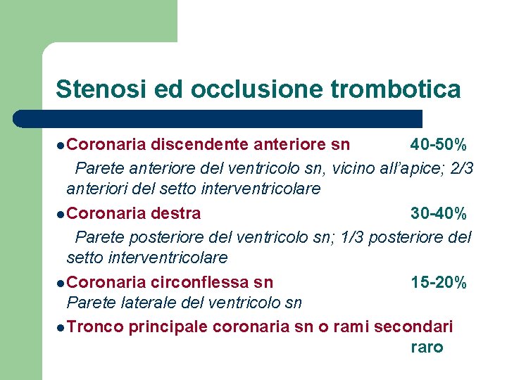 Stenosi ed occlusione trombotica l Coronaria discendente anteriore sn 40 -50% Parete anteriore del