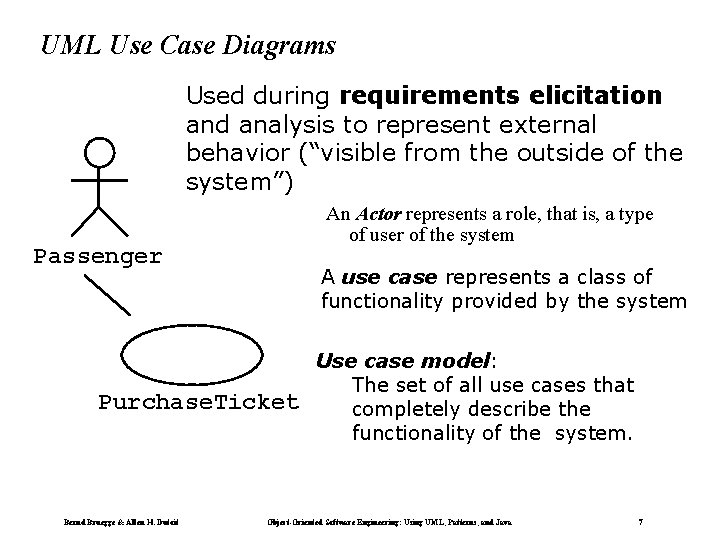 UML Use Case Diagrams Used during requirements elicitation and analysis to represent external behavior