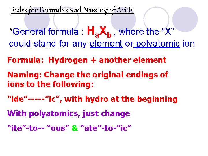Rules for Formulas and Naming of Acids *General formula : Ha. Xb , where