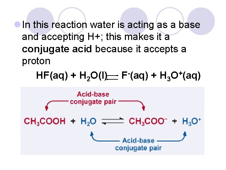 l In this reaction water is acting as a base and accepting H+; this