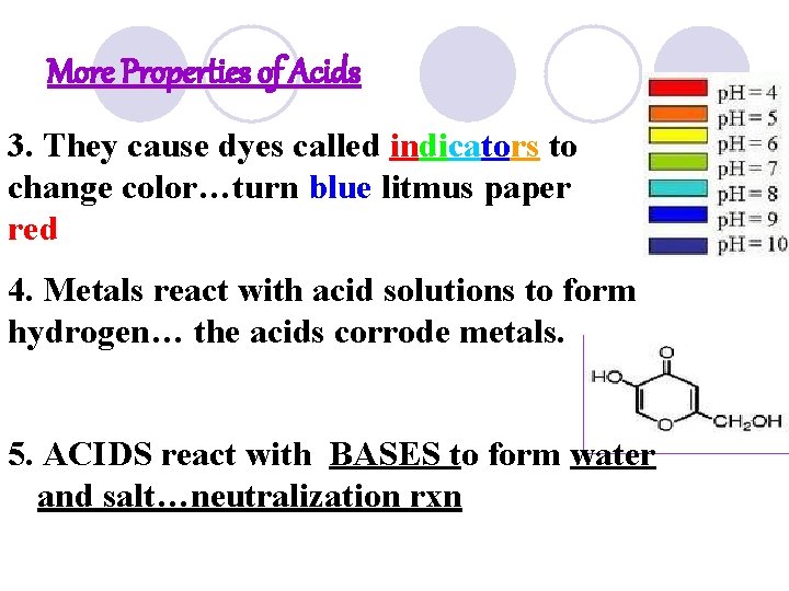 More Properties of Acids 3. They cause dyes called indicators to change color…turn blue