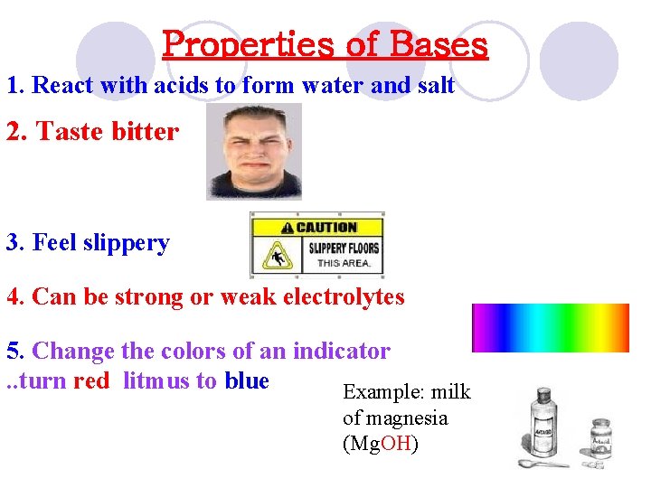 Properties of Bases 1. React with acids to form water and salt 2. Taste
