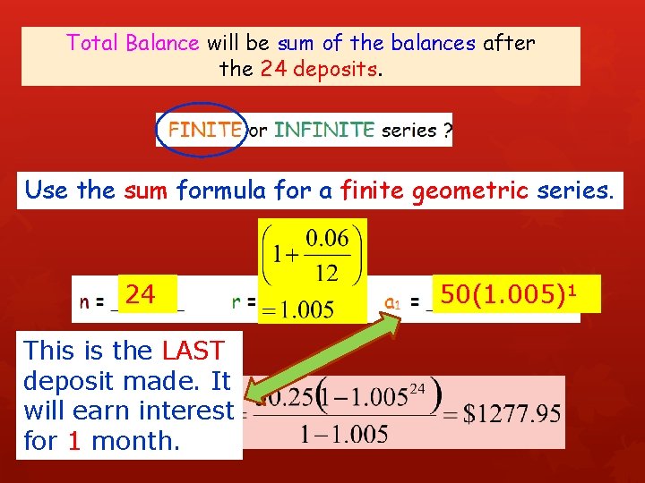 Total Balance will be sum of the balances after the 24 deposits. Use the