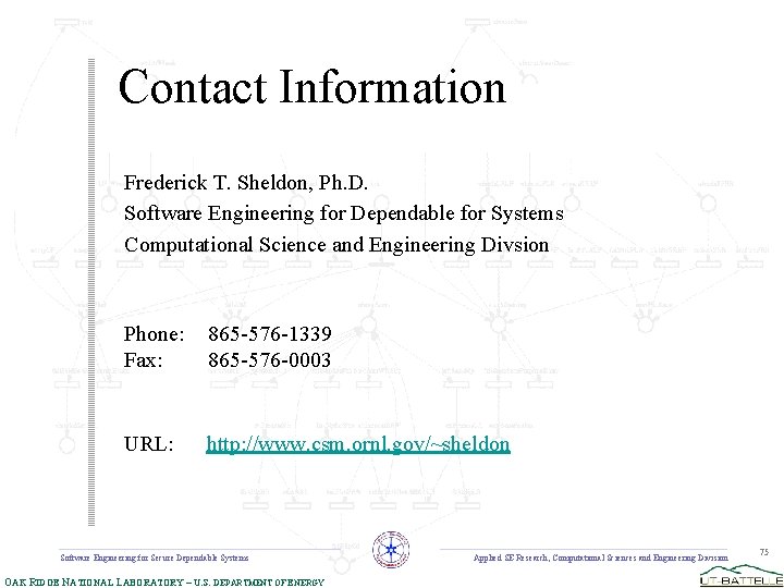Contact Information Frederick T. Sheldon, Ph. D. Software Engineering for Dependable for Systems Computational
