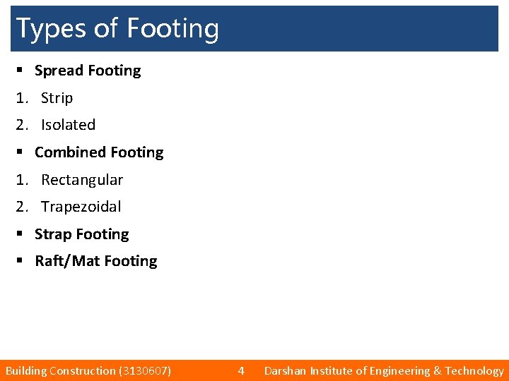 Types of Footing § Spread Footing 1. Strip 2. Isolated § Combined Footing 1.