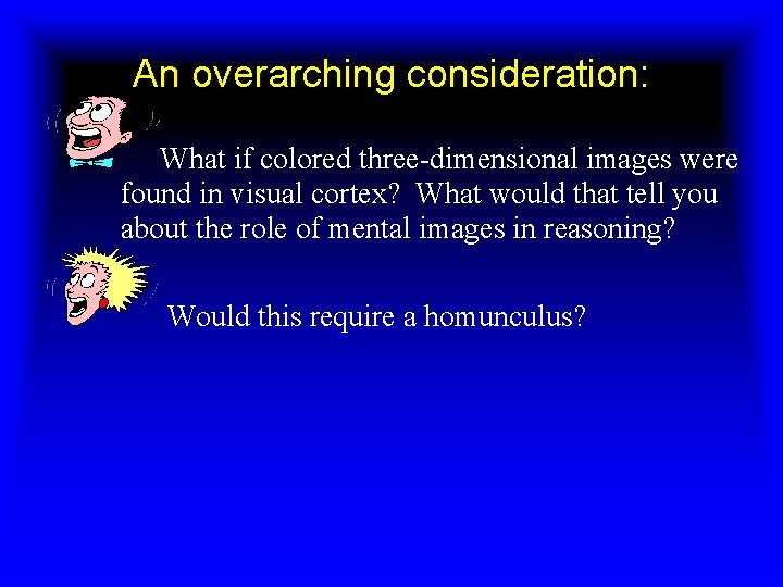 An overarching consideration: What if colored three-dimensional images were found in visual cortex? What