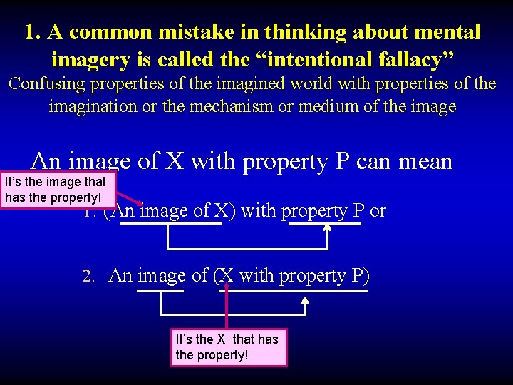 1. A common mistake in thinking about mental imagery is called the “intentional fallacy”