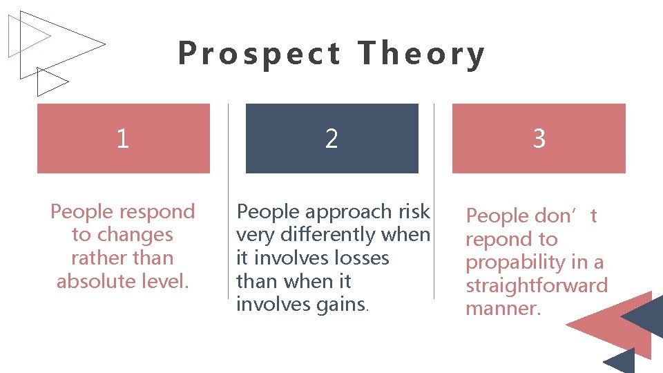 Prospect Theory 1 2 3 People respond to changes rather than absolute level. People