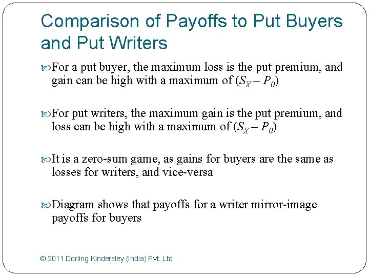 Comparison of Payoffs to Put Buyers and Put Writers For a put buyer, the