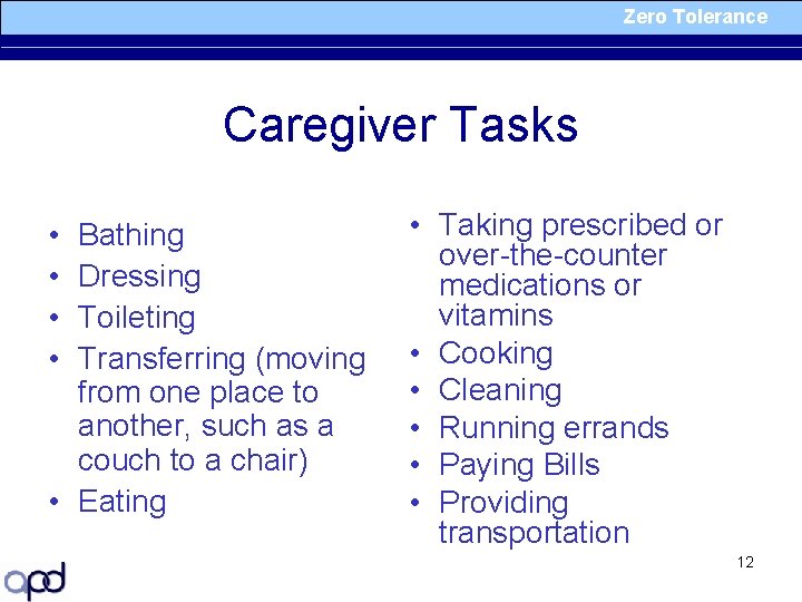 Zero Tolerance Caregiver Tasks • • Bathing Dressing Toileting Transferring (moving from one place